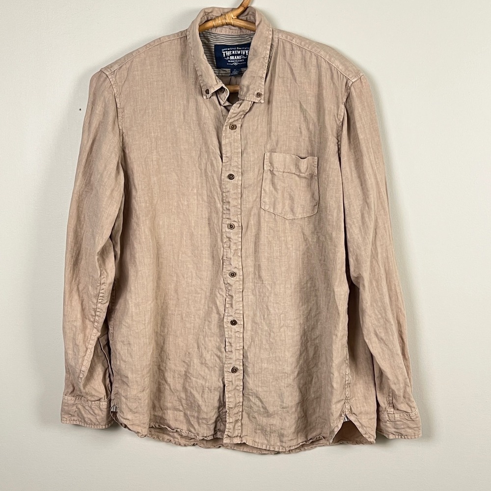 The New Ivy Brand Button Down Mens XL 100% Linen Long Sleeve Tan Coastal Beach